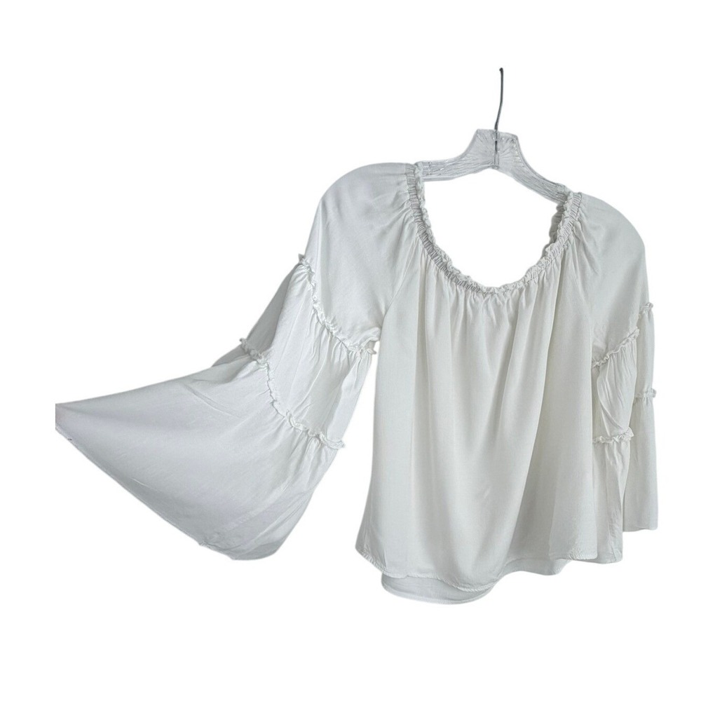 White Off The Shoulder Tiered Bell Sleeve Ruffle Boho Blouse Top size small